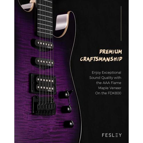 Fesley Electric Guitar, Full Size Solid Body Electric Guitar Beginner Kit, 6 String Guitar with HSS Pickups &24 Frets, Poplar Body Flame Maple Top Maple Neck With Gig Bag, Cable, Strap, FDK800, Purple