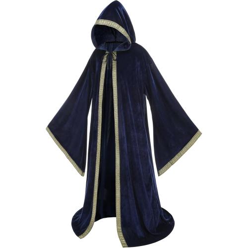 Wizard Robe Cloak with Hood Men Women, Renaissance Costume Medieval Velvet Cape Long Sleeve Halloween Dress Up