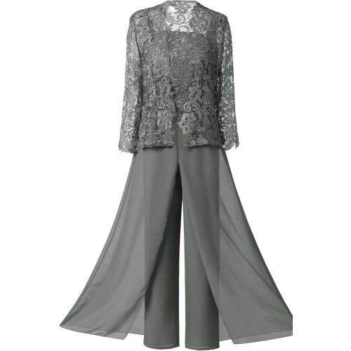 Size L Mother of The Bride Pant Suits with Lace Jacket 3 Pcs Chiffon Long Evening Gowns Outfit