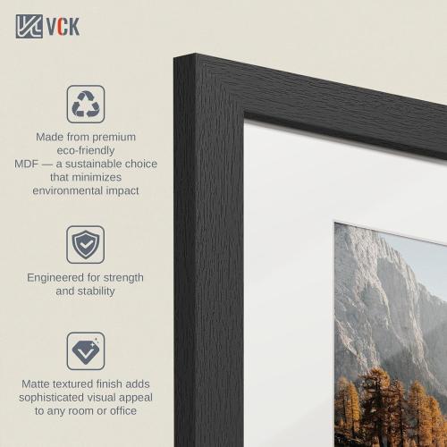 VCK 16x24 Picture Frame Black - 5 Pack, with Wood Grain Finish & Plexiglass, Displays 12x18 Photo with Mat or 16 x 24 Without, for Horizontal/Vertical Wall Hanging in Home, Office, or Gallery