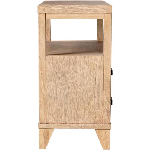(LEGS IN TOP DRAWER) East at Main Ezra Large 2-Drawer Nightstand – Warm Brown Solid Bayur Wood Bedside Table with Open Shelf, Black Hardware & Angled Legs – 34” W x 15” D x 29.5” H