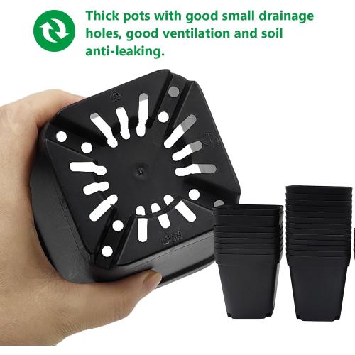 Square Nursery Pots (2.7, 3, 3.5, 4) with Drainage Holes 20 Pcs, Plastic Seed Starting Pots, Sturdy and Durable Seedling Pots for Planting, Cuttings and Transplanting, Black