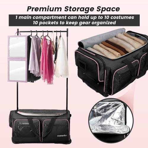 Fanwoli  Dance Bag with Garment Rack | Upgraded Stable System & Fabric | More Lightweight & Wear-Resistant | Ideal Competition Rolling Duffle Bag | Black/Pink Trim