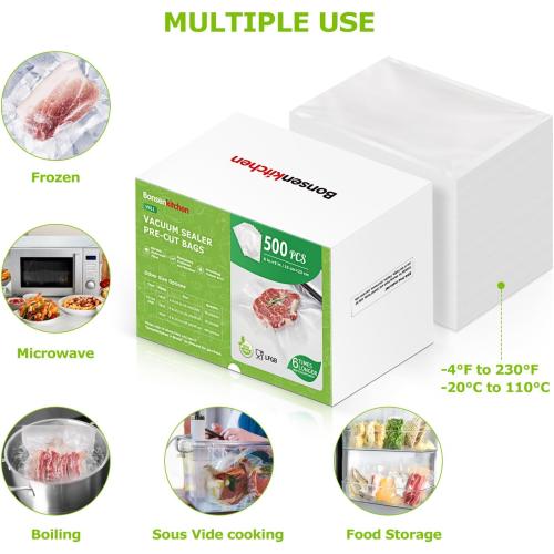 Bonsenkitchen Precut Vacuum Sealer Bags, 500 Pint 6 x 9 Food Sealer Bags | Commercial Grade, Heavy Duty, Customized Size Vacuum Bags for Vac Storage, Meal Prep or Sous Vide Cooking