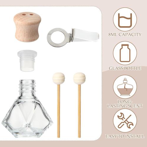 Zubebe 30 Pack 8 ml Diamond Essential Oil Diffuser Bottle Bulk Car Air Freshener Vent Clip Auto Perfume Vent Diffuser for Aromatherapy Fragrance Ornament Decor, Glass Bottle with Wooden Caps Stick