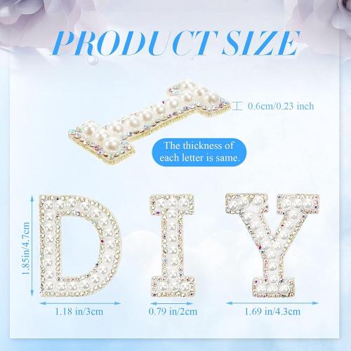 Chuangdi 26 Pcs Pearl Letters Rhinestone Patches Iron on A to Z White Adhesive Pearl Bling Patch Glitter Sew on Alphabet Applique Bling English Letter for Clothes Fabric DIY(1.85 Inch,White)