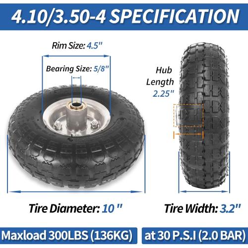 2Pack 4.10/3.50-4 Tire and Wheel, 10 Pneumatic Tire, with 2.25 Offset Hub, 5/8 Axle Bore Hole, Sealed Bearings, for Hand Truck Trolley Dolly Garden Wagon Cart Wheel Replacement, 2 Pack