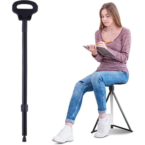 Walking Cane with Seat Folding Lightweight, 2-in-1 Cane Stool for Adults, Aluminum Walking Stick with Seat, Capacity 330lb Portable Stool for Senior, with Carry Bag-Black
