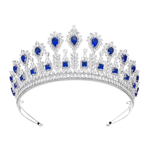 Luxury CZ Royal Blue Crowns and Tiaras for Bride Handmade Cubic Zirconia Large Bridal Headpiece Princess Prom Queen Crown Wedding Hair Accessories Zircon Crystal Tiara Headband