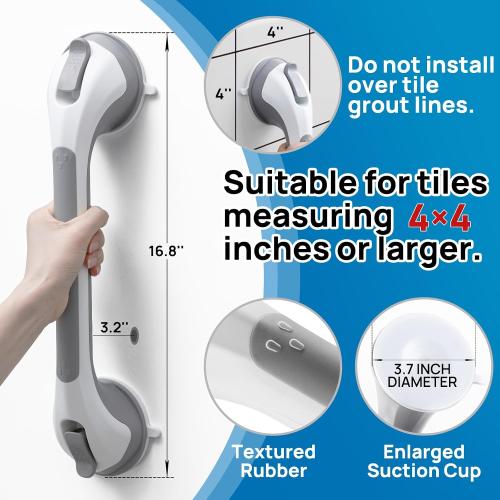 Shower Grab Bars,Shower Handles for Elderly Suction,16.8,Grey | stable safety grip for seniors,elderly,bathtubs&toilet,heavy duty drill-free waterproof removable,handrails,easy install