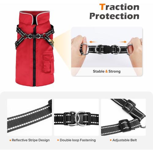Size Small Medium Large Dog Winter Coat with Harness Built-in | Waterproof Dog Jacket with Zipper & Fleece Lining | Reflective Cold Weather Coat for Small Medium Large Dogs