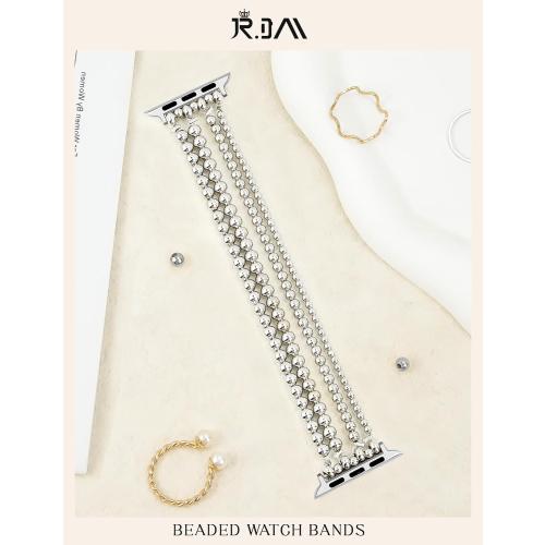 JR.DM Silver Beaded Bracelet Bands Women Compatible with Apple Watch 40mm 42mm(S10/11) 41mm 38mm Dressy Fancy Stretchy Elastic Jewelry Strap Replacement for iWatch Series 11/10/9/8/7/6/5/4/3/2/1/SE