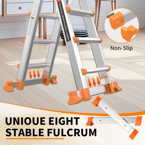 Silver Valeo Ladder 11FT, Multi Position 3 Step Ladder Extension, Anti-Slip A Frame Folding Ladder with Removable Tool Tray, 330lbs Adjustable Telescopic Aluminum Ladders for Stairs Home Indoor Outdoor Roof