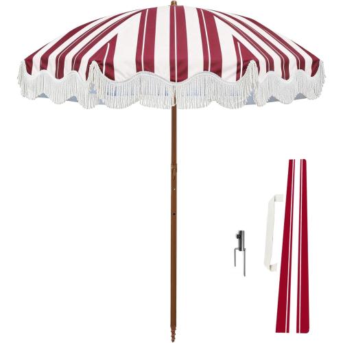 Rayjee 6.5FT Patio Umbrella with Fringe, UV Protection Beach Umbrella with Tilt & Adjustable Height, Includes Carry Bag & Ground Stake, Outdoor Umbrella for Pool, Garden, Backyard