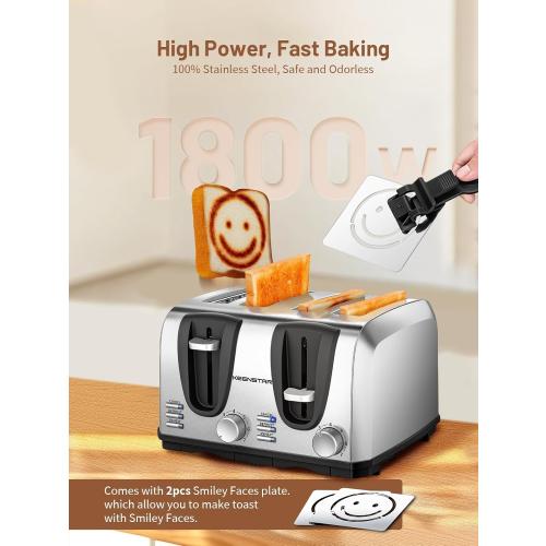 Keenstar Toaster 4 Slice, Bread Toaster with Dual Control Panels Extra-Wide Slot of Bagel/Defrost/Cancel Function, 7 Toasting Bread Shade Settings, Removable Crumb Trays, Auto Pop-Up, Stainless Steel