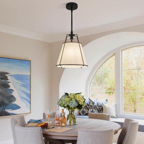 Modern Pendant Light Fixtures with 13 Off-White Linen Fabric Shade, Adjustable Hanging Light Fixture,Drum Black Vintage Chandelier for Kitchen Island Bedroom Dining Room Foyer Entryway