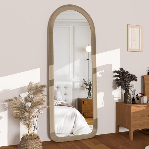 Full Length Mirror 56x20 Arch Floor Mirror with Stand Arched Full Body Mirror Standing Hanging or Leaning Against Wall for Bedroom Flannel Wrapped Wooden Frame Milk Tea