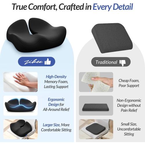 ZIKEE Pioneering Seat Cushion for Pressure Relief, Ergonomic Office Chair Cushion for Sciatica, Back, Hemorrhoids & Tailbone Pain Relief, High-Density Memory Foam Car Seat Cushion with Anti-Slip Base