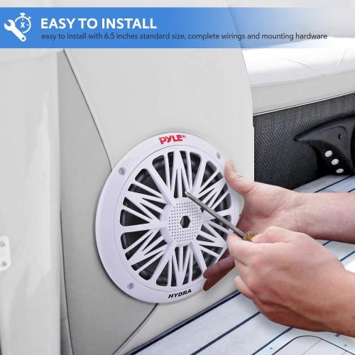 Pyle 6.5 Inch Dual Marine Speakers - 2 Way Waterproof and Weather Resistant Outdoor Audio Stereo Sound System with 200 Watt Power, Poly Carbon Cone and Butyl Rubber Surround - 1 Pair (White)