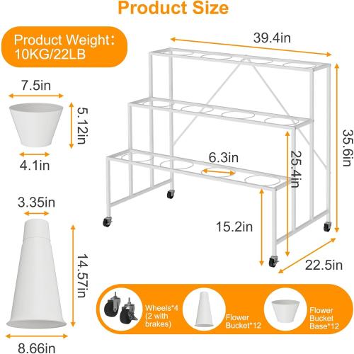 Flower Stand, 3-Tier Flower Display Stand with Buckets for Indoor Outdoor, Flower Cart Display Stand with Wheels for Courtyard, Balcony, Flower Shop, Wedding, Party, Exhibition, White