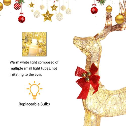 Light up Christmas Decor Deer Set, Lighted Christmas Deer Decorations & Sleigh 2 Pcs for Indoor Home Outdoor Front Yard Porch with 160 LED Lights, Ground Stakes,Cable, Gold &red Sleigh