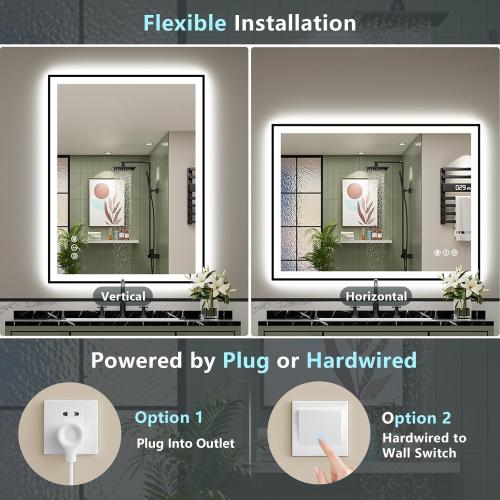 40x32 Black Framed LED Bathroom Mirror with Lights, Backlit and Front Lit Anti-Fog Lighted Vanity Mirrors for Bathroom Wall, Dimmable, 3 Colors, Memory, HD Tempered Glass, Horizontal/Vertical
