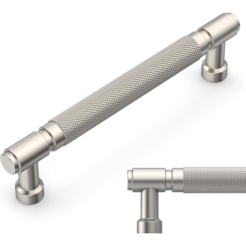 Amerdeco 10 Pack Brushed Satin Nickel knurled Cabinet Pulls 5 Inch(128mm) Hole Center Drawer Pulls Cabinet Hardware Kitchen Cabinet Handles for Bathroom ZH0072