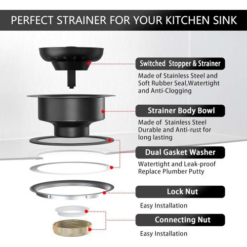 Black Sink Drain 3-1/2 Inch Matte Black Kitchen Sink Drain Strainer Assembly Kit with Strainer Basket and Drain Stopper for Standard Kitchen Sink Stainless Steel