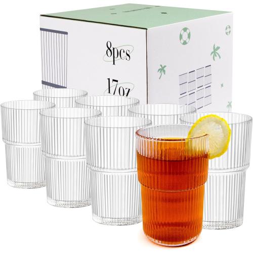 17oz Shatterproof Ribbed Glasses, Plastic Tumblers for Poolside – Clear Acrylic Cups, Stackable & Reusable, Dishwasher Safe Drinkware – Set of 8