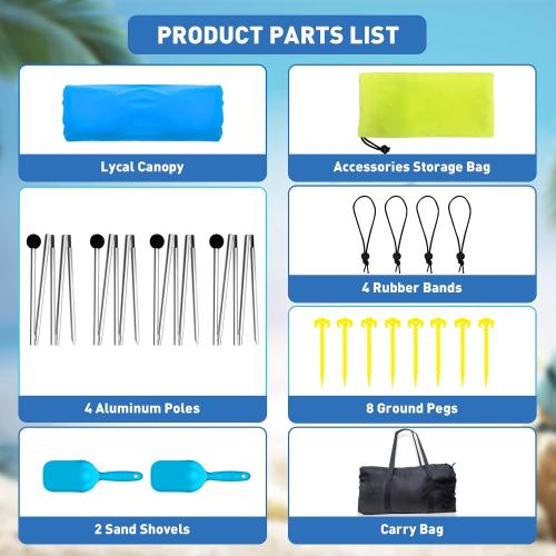 Beach Tent Canopy Pop Up Shade 10x10ft Sun Shelter Portable Family UPF50  with 8 Sandbags-2 Sand Shovel-4 Aluminum Poles-Ground Pegs-Carrying Bag for Outdoor Camping Fishing Backyard Picnic