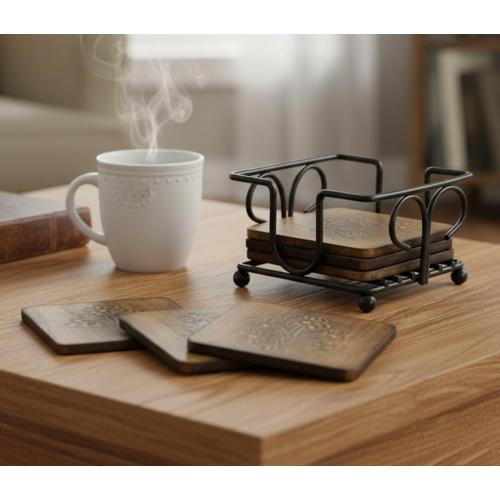 StonKraft Wooden Tea Coffee Coasters/Rustic Vintage Look Coasters Set with Wrought Iron Holder