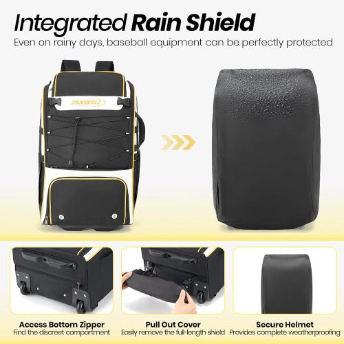 Fanwoli Leather Rolling Baseball Bag - Youth Softball Bag with Wheels for Boys Girls - Rain Cover & Mud Guard for Clean Car - Premium 4-Bat Tournament Roller - Large Equipment Organizer