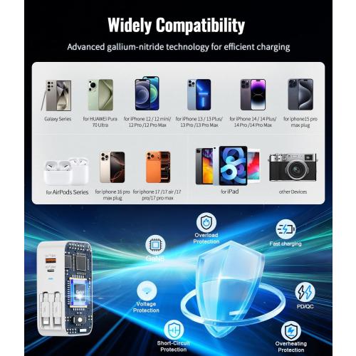 4 in 1 Retractable Wall Charger with Dual Cables,40W Retractable Phone Charger Wall Plug with Dual USB Ports,20W USB C Chargers Block Fast Charging for iPhone 17 16 15 14 13,LG, Galaxy S24 23,Pixel