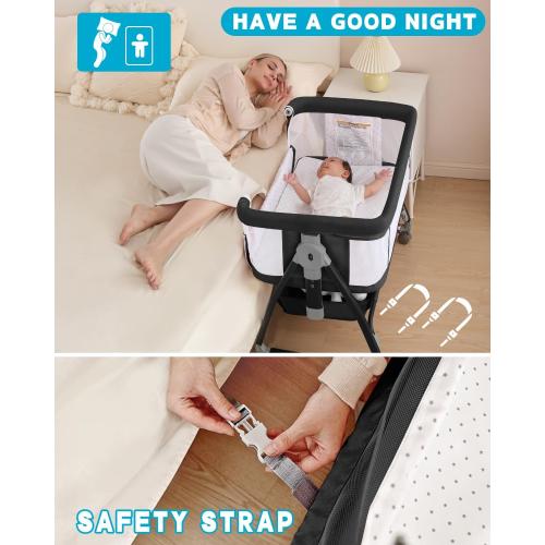 3 in 1 Baby Bassinet, Bedside Crib with Breathable Mesh, Bassinet Bedside Sleeper with Wheels, Mosquito Net, Storage Basket, 6 Height Adjustable, Easy to Fold, Rocking Bassinet for Baby, Black
