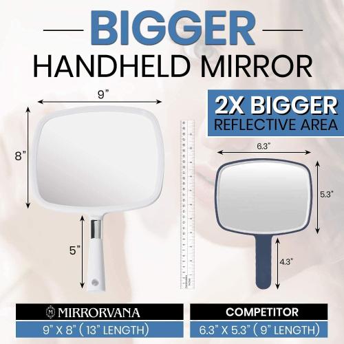 MIRRORVANA® Large Hand Held Mirror with Comfy Handle for Women and Men - Personal Barber Haircut Mirror to See Back of Head - Espejo de Mano - 9 x 13 (White)