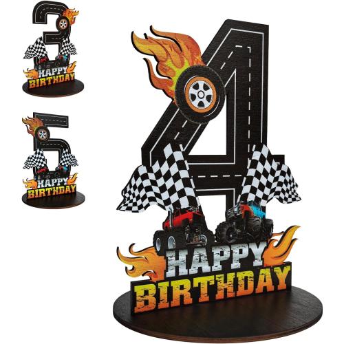 Truck Birthday Number Sign Centerpiece, Truck Wooden Decoration Photo Props for Truck Birthday Decorations (4th)