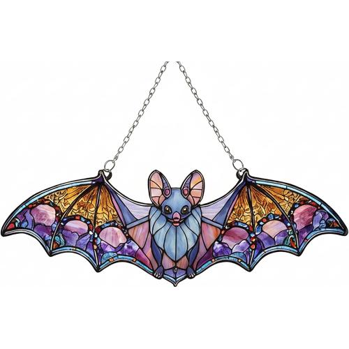 Bat Car Hanging Ornament, Stained Glass Style Bat Suncatcher, Gothic Rear View Mirror Decor, Halloween Bat Window Hanging, Witchy Gifts for Goth Women(Bat 4)