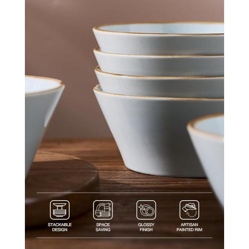 Famiware Saturn Plates and Bowls Dish Set Stoneware Dinnerware Set with Hand-Painted Trim - Chip & Scratch Resistant, Microwave & Dishwasher Safe Ceramic Dishes, Light Blue