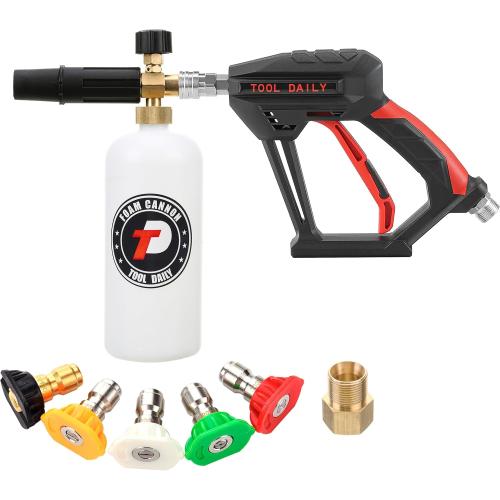 Tool Daily Short Pressure Washer Gun with Foam Cannon, 1/4 Inch Quick Connector, with 5 Pressure Washer Nozzle Tips, 1 Liter