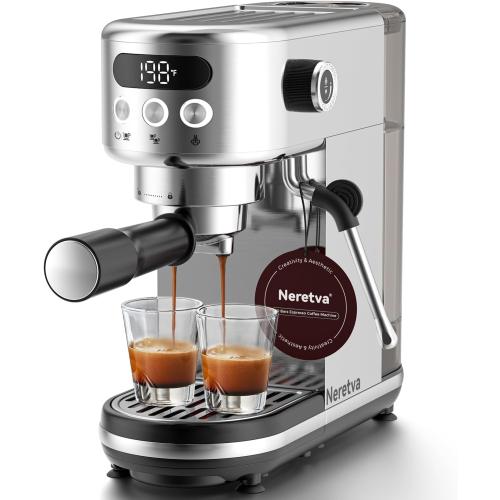 Neretva Espresso Machine 20 Bar, Super Compact Espresso Maker Stainless Steel Professional Coffee Machine Espresso with Power Steam & LED Display for Home Barista Latte and Cappuccino Maker-Silver