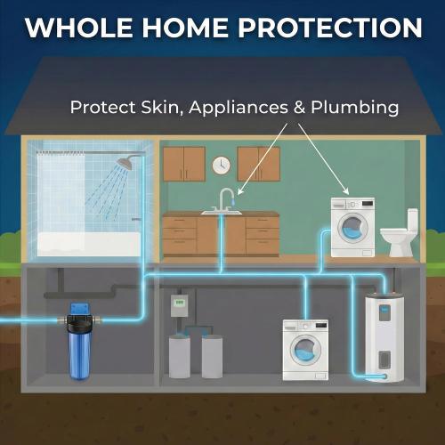 20 x 4.5 Whole House Water Filter Housing with Bottom Drain Port - 1 NPT Brass Ports, BPA-Free Blue Sump, Double O-Ring Leak-Proof - Fits All Standard 20x4.5 Filters