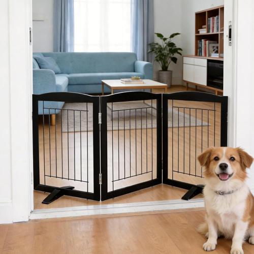 ZJSF Freestanding Dog Fence Indoor, Foldable Dog Gate for Doorways, Stairs or Hallways, Sturdy Wood Extra Wide Pet Gate with Support Feet for The House, Black, 24 Height-3 Panels
