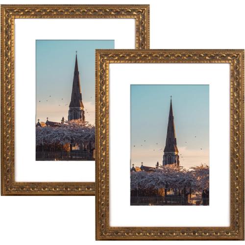 AUEAR, 12x16 Ornate Photo Frame, Bronze Color, with White Mat for 8x12 Picture & Real Glass (2 Pack)