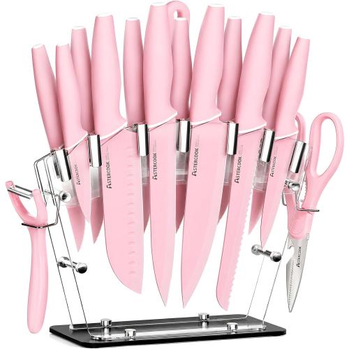 Astercook Knife Set with Clear Block and Sharpener 22Pcs Pink