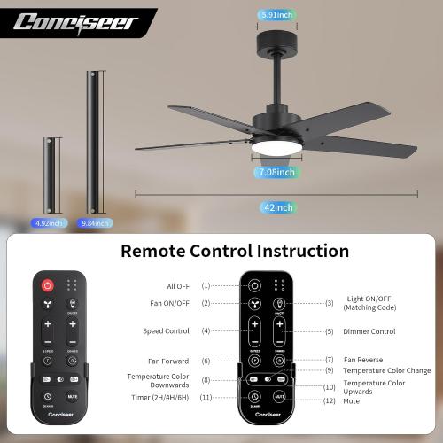 42 Inch Ceiling Fans with Lights and Remote for Bedroom Living Room Kitchen Home Office Indoor/Outdoor, 6CCT Dimmable, Dual Color 5 Blades, 6 Speed Reversible Quiet DC Motor, Black/Wood Grain