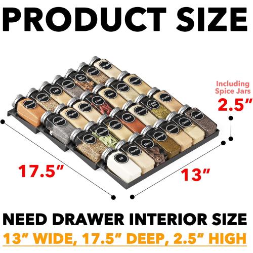 SpaceAid Spice Drawer Organizer with 28 Spice Jars, 386 Spice Labels, 4 Tier Seasoning Rack Tray Insert for Kitchen Drawers, 13 Wide x 17.5 Deep