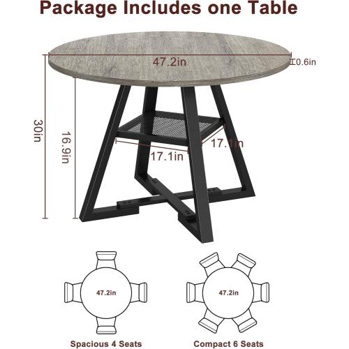 Size 47 Color Grey Round Dining Table for 4,Kitchen Dining Room Circle Dinner Pedestal Table,Space Saving Wood Kitchen & Dining Room Furniture (Grey, 47In)