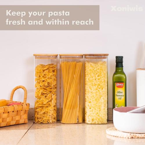 3-Pack 2.2Qt Square Glass Spaghetti Jars with Bamboo Lids
