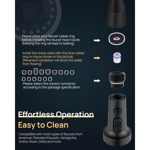 J-HVA Pull Down Kitchen Faucet Sprayer Head Replacement Part, 3 Function with 15 Adapters Pull Out Sink Sprayer Replacement Nozzle, Kitchen Faucet Head Hose Spray Tap Spout, Matte Black