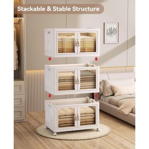 Voova 65QT Storage Bins with Lids,Stackable Collapsible Closet Organizers and Storage Cabinet with Drawer,Folding Plastic Craft Storage Containers Box with Door&Wheels for Home,Office,Dorm Room,3 Pack